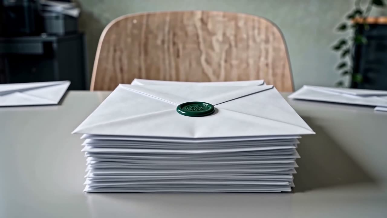 A neat stack of envelopes on a desk, the top document closed with a single green seal. The dispute, resolved.